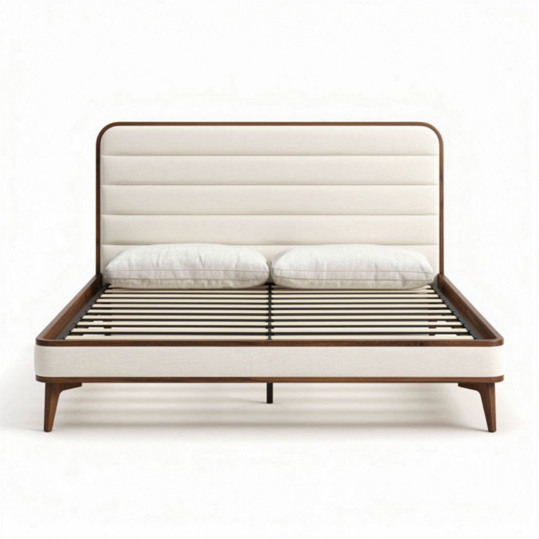 Lit en bois avec tête de lit rembourrée beige 200 x 160 cm
