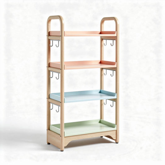 Étagère en bois avec quatre niveaux de rangement et crochets de suspension 60 x 30 x 120cm