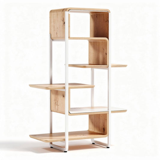 Étagère en bois naturel et métal blanc pour rangement moderne 80 x 30 x 180cm