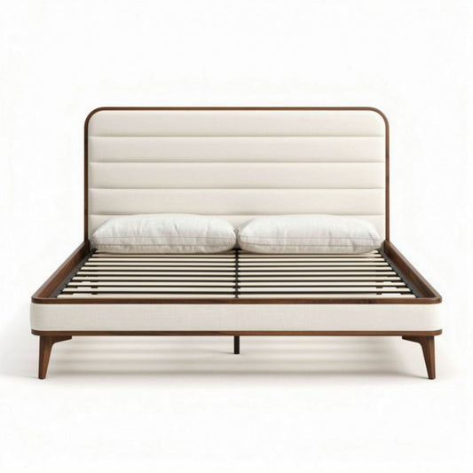 Lit en bois avec tête de lit rembourrée beige 200 x 160 cm